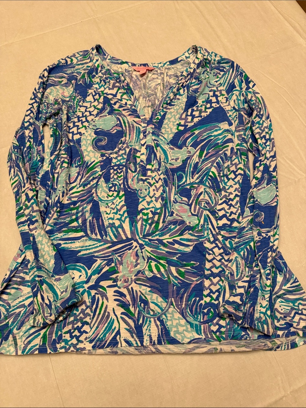Lilly Pulitzer Blue Green Printed Long-Sleeve V-Neck Top